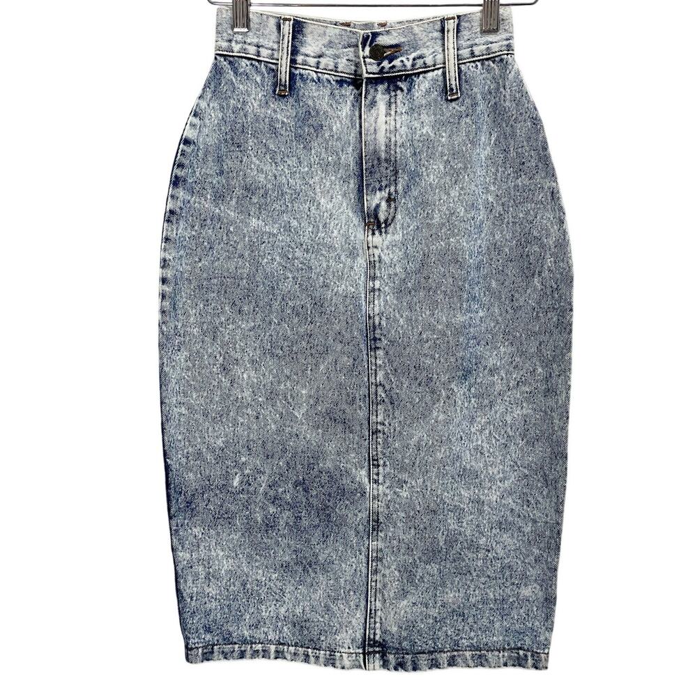 Vintage 80s Helium Blue Jean Pencil Skirt Light Acid Wash 24" Waist